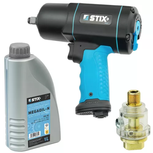 Composite Pneumatic Impact Wrench 1900Nm STIX STT-19 1/2" + Mini 1/4" Through Oiler + VG-32 Pneumatic Wrench and Tool Oil - 1L MEGAOIL-N