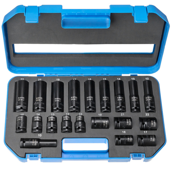 1/2" Impact Sockets, Long and Short, 20-Piece Set, 10 to 22 mm, in Case, STT CR-MO SERIES 8 - Stix Tool