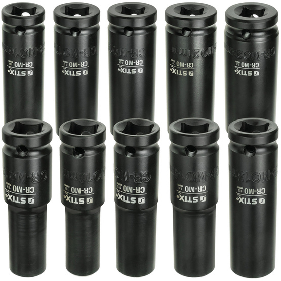 1/2" Impact Sockets, Long and Short, 20-Piece Set, 10 to 22 mm, in Case, STT CR-MO SERIES 8 - Stix Tool