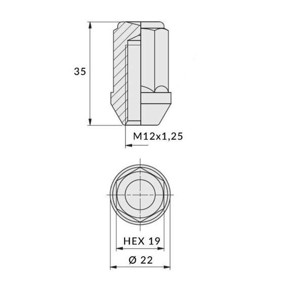 Black Nuts for aluminum rims, wheels - M12x1.25 - (closed) - key 19 - Carbonado