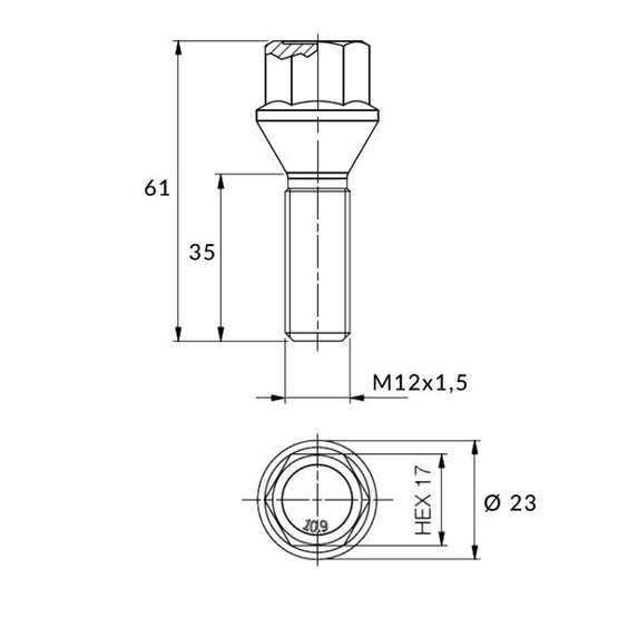 Black rim bolt M12x1.5 35 mm - key 17. cone