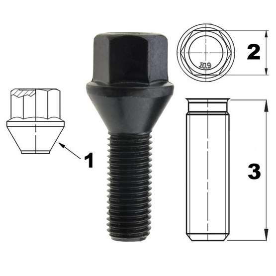 Black rim bolt M12x1.50 28 mm - key 17. cone