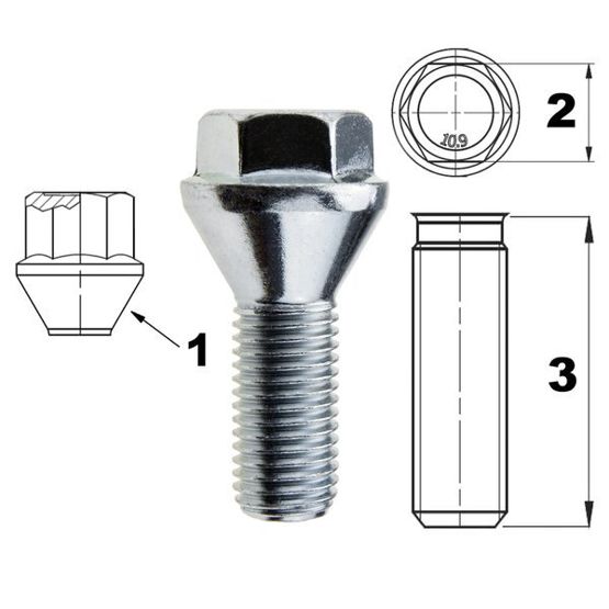 Bolt for rims / wheels  M12x1.25 cone /  Wrench 17 - 24 mm