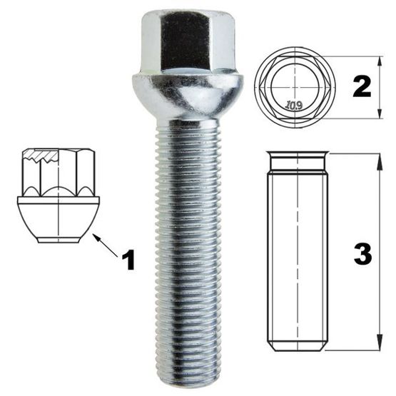 Bolt for rims / wheels M14x1.50 ball / K17 - 50 mm