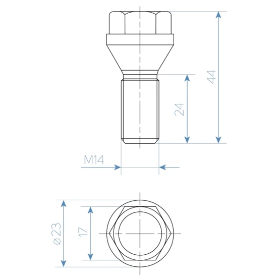 Bolt for rims / wheels  M14x1.50 cone /  Wrench 17 - 24 mm