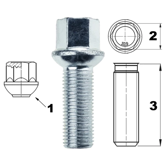 Bolts for aluminum rims, steel rims M14x1.5 ball R14 - Carbonado