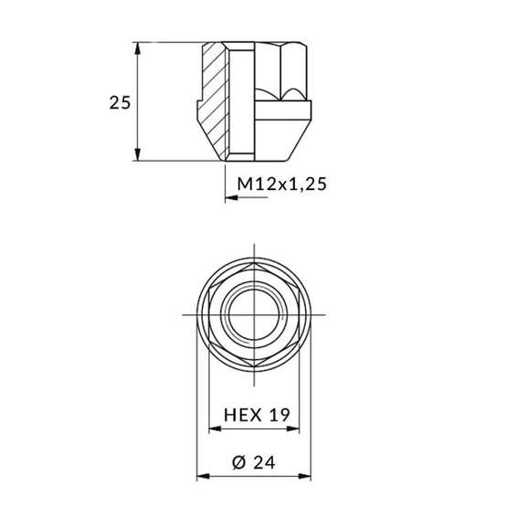 Nuts for aluminum rims, wheels - M12x1.25 / Zinc - (open with flange) for wrench1 9 / IS