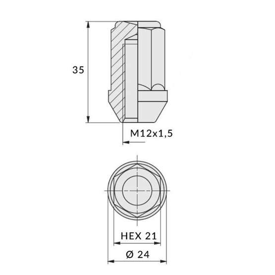 Nuts for aluminum rims, wheels - M12x1.5 / zinc for key 21 - (closed) - Carbonado