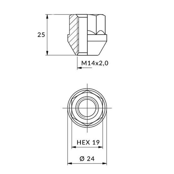 Nuts for aluminum rims, wheels - M14x2.0 / Zinc - (open with flange) - key 19 / IS