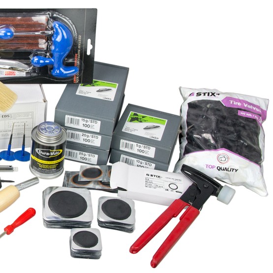 Starter kit for vulcanization, tire replacement and repair PREMIUM NR1 (scooped weights, glued weights, valves, patches and more) - Stix