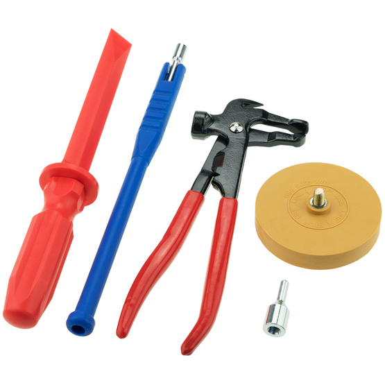 Workshop set - rubber disc + adapter, scraper, valve puller, pliers) - Stix