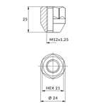 Nuts for aluminum rims, wheels - M12x1.25 / Zinc - (open with flange) - key 21 / IS