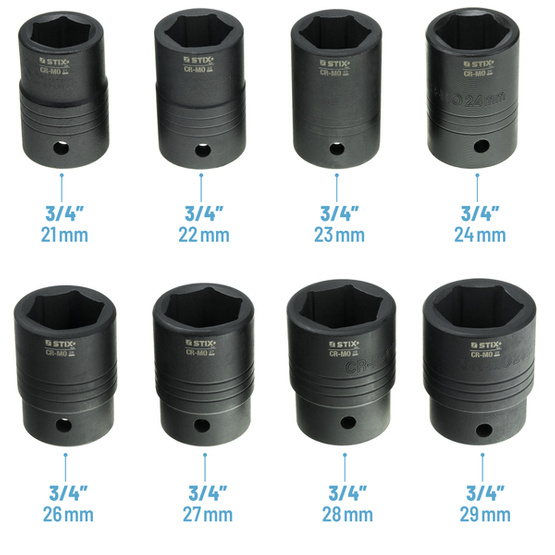 3/4" und 1" Schlag-Steckschlüssel mit Zubehör – 26-teilig, im Koffer (21 bis 65 mm) STT CR-MO SERIES 9 - Stix Tool