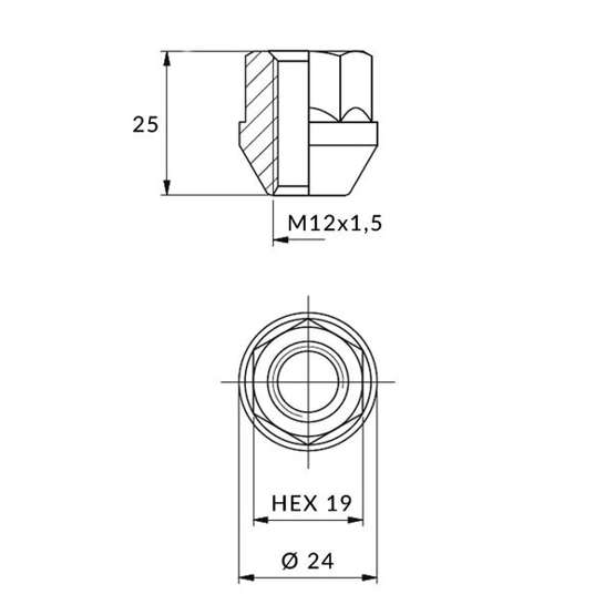 Kappen für Leichtmetallräder, Räder - M12x1,5 / Zink - (offen mit Flansch) für Schlüssel 19 / IS