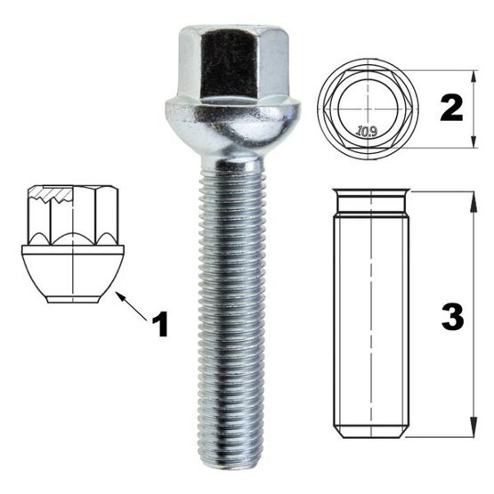 Schraube für Felgen / Räder M12x1.50 Kugel / K17 - 50 mm