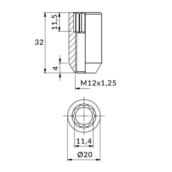 Torx-Muttern für Felgen mit engen Bohrungen - M12x1,25 / Verzinkt - (schmal)