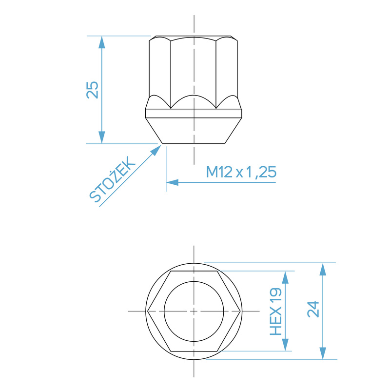 Wheel nuts for alloy wheels M12x1.25 zinc-plated, open type with collar, 19 mm hex - Carbonado