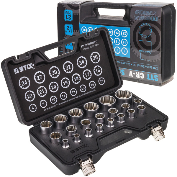 12-point sockets (bi-hex) 1/2", set of 21 pcs. in a case (8-36 mm) STT CR-V SERIES 11 - Stix Tool