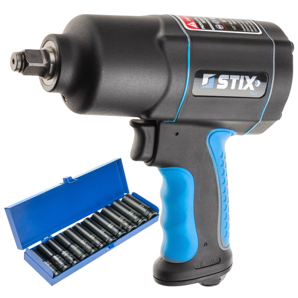 Pneumatic Impact Wrench 1900 Nm 1/2" STIX STT-19 Composite + Long CR-MO SERIES 7 Impact Sockets 10–24 mm (11-piece set) in Case