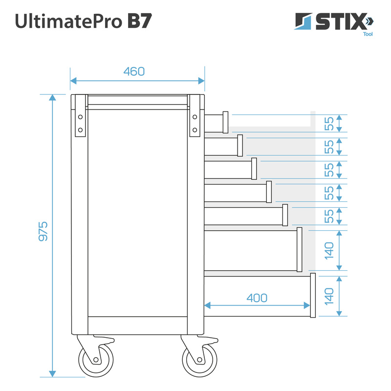 Workshop cabinet / tool trolley with 7 drawers, side pull-out compartment – UltimatePro B7 – Stix