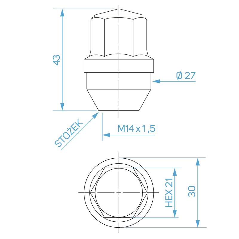 Nakrętki do oryginalnych felg aluminiowych Tesla M14x1,5 ocynk, stała podkładka, klucz 21 - Carbonado