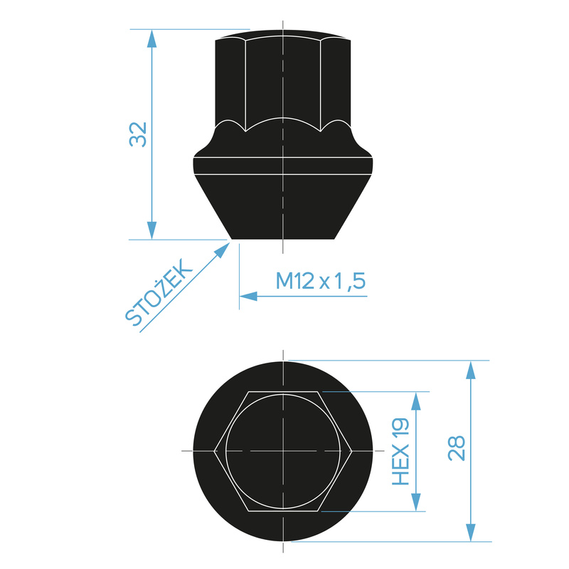 Schwarze Radmuttern für Aluminiumfelgen, Ford-Typ – M12x1,5 / geschlossen, Schlüsselweite 19 mm – Carbonado