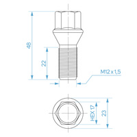 Śruba do oryginalnych felg Dacia, Renault, Mitsubishi Colt, Smart, Mercedes T, Citan M12x1.50 stożek / K17 - 22 mm