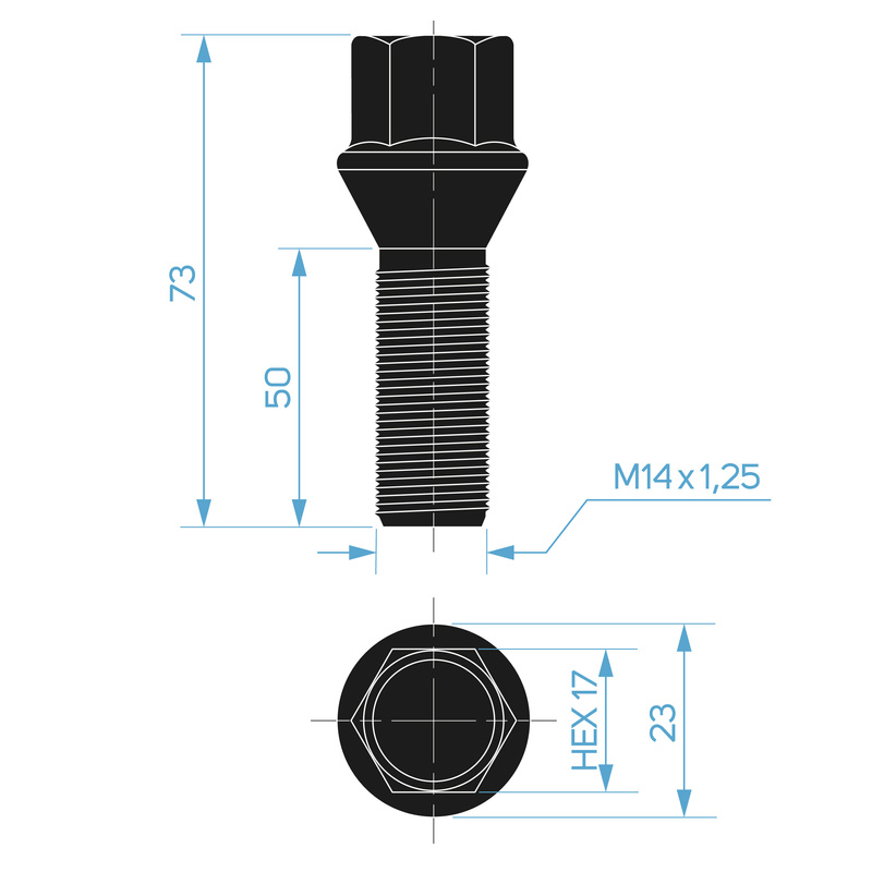 Black rim bolt M14x1.25 50 mm - key 17. cone