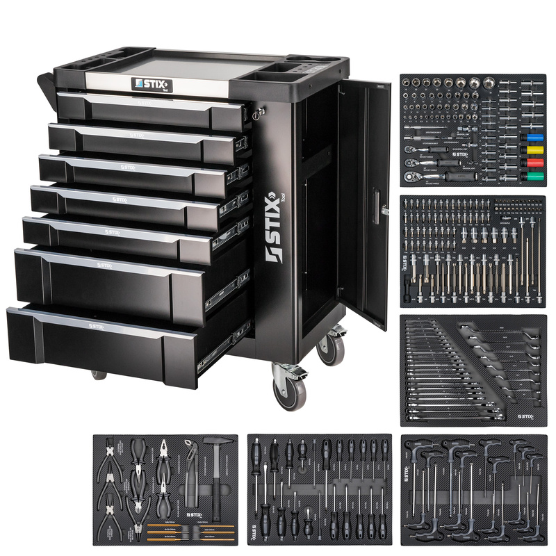 Werkstattschrank / Werkzeugwagen mit 7 Schubladen, Seitenschrank + Werkzeugsatz – UltimatePro A7/TS1
