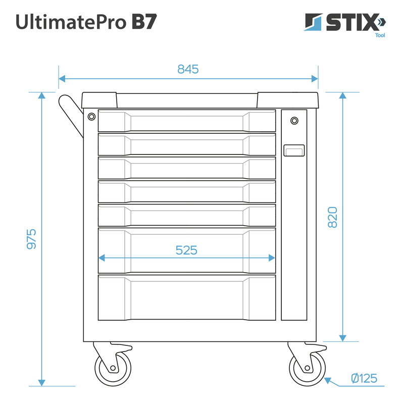 Workshop cabinet / tool trolley with 7 drawers, side pull-out compartment – UltimatePro B7 – Stix
