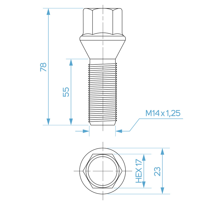 Wheel bolt M14x1.25 cone seat / hex 17 – 55 mm