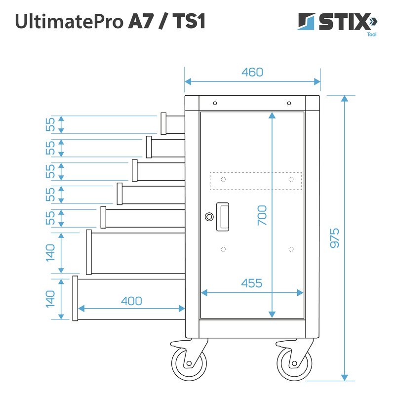 Werkstattschrank / Werkzeugwagen mit 7 Schubladen, Seitenschrank + Werkzeugsatz – UltimatePro A7/TS1