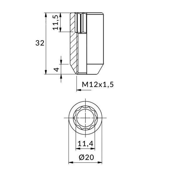 Torx-Muttern für Felgen mit engen Bohrungen - M12x1,5 / Verzinkt - (schmal)