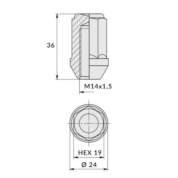 Nakrętki do felg aluminiowych, kół - M14x1,5 / Ocynk (zamknięta) na klucz 19 / IS