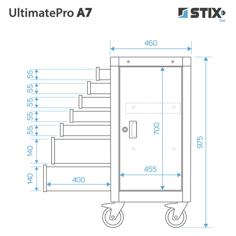Workshop cabinet / tool trolley with 7 drawers, side compartment – UltimatePro A7 – Stix