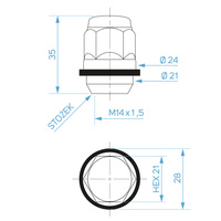 Muttern für Stahlfelgen, Hyundai Typ – M12x1,5 / Verzinkt, Kunststoffunterlegscheibe, Schlüsselweite 21 – Carbonado