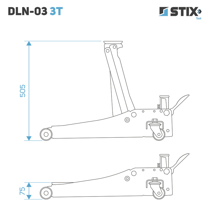 Hydraulischer Rangierwagenheber mit Pedal, Niedrigprofil, Hubhöhe 75–505 mm – DLN-03 3T – Stix
