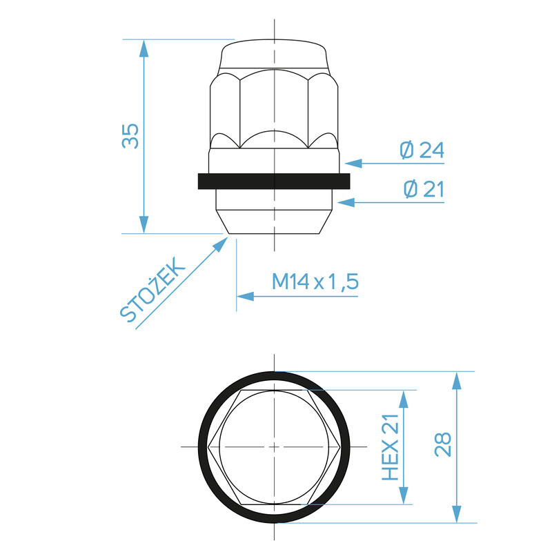 Steel Wheel Nuts, Hyundai Type – M12x1.5 / Zinc, Plastic Washer, Key Size 21 – Carbonado