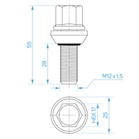 Śruba pływająca zmieniająca rozstaw M12x1.50 28 mm (ruchomy stożek) - klucz 17