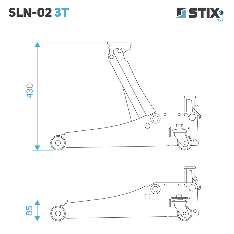 Hydraulischer Rangierwagenheber, Niedrigprofil, Hubhöhe 85–430 mm – SLN-02 3T – Stix