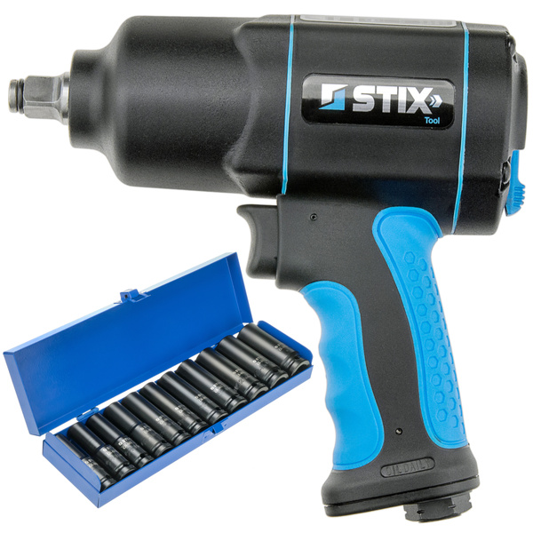 Druckluft-Schlagschrauber 1700 Nm 1/2" STIX STT-17, Composite + lange CR-MO SERIES 7 Schlag-Stecknüsse 10–24 mm (11-tlg. Set) in Kassette