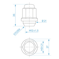 Radmuttern für Stahlrädern, Kia-Typ – M12x1,5 / Verzinkt, feste Unterlegscheibe, Schlüsselweite 21 mm – Carbonado