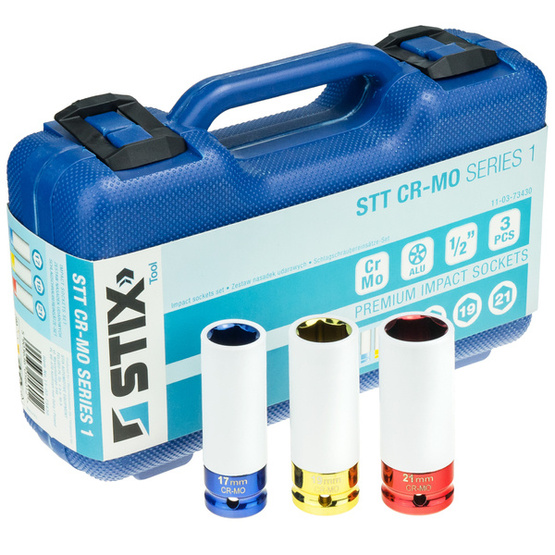 1/2" Long Impact Sockets for Alloy Wheels, 3-Piece Set in Case (17, 19, 21) STT CR-MO SERIES 1 - Stix Tool