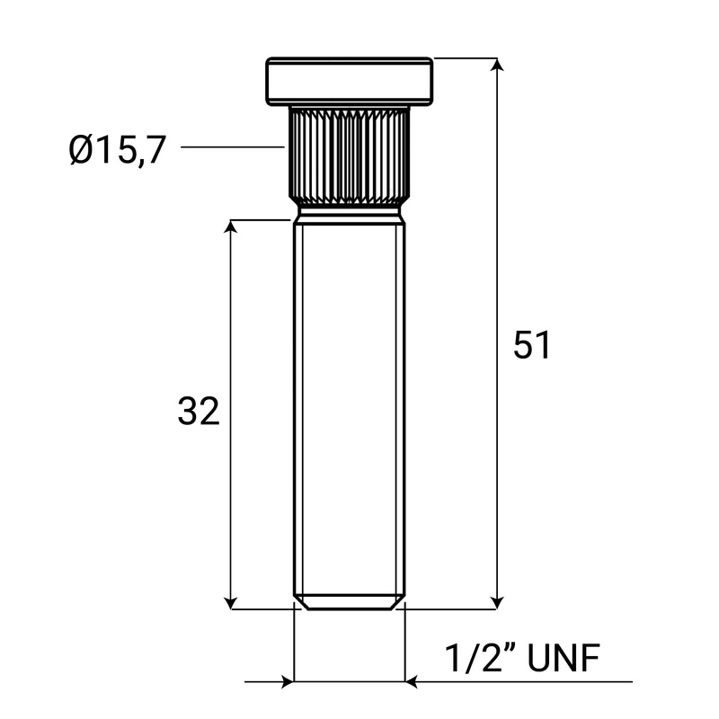 Spline-Radbolzen, in die Nabe eingeschlagen 1/2" - 20 UNF / Ø 15,7mm / 32mm