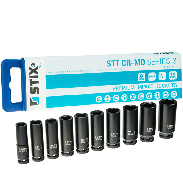 1/2"-Schlagschraubendreher-Einsätze, lang, 10-teiliges Set im Koffer (13, 15, 16, 17, 18, 19, 21, 22, 24, 26) STT CR-MO SERIES 3 – Stix Tool