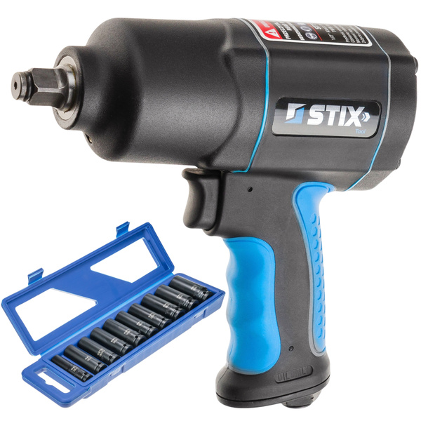Pneumatic Impact Wrench 1900 Nm 1/2" STIX STT-19 Composite + Long CR-MO SERIES 3 Impact Sockets 13–26 mm (10-piece set) in Case