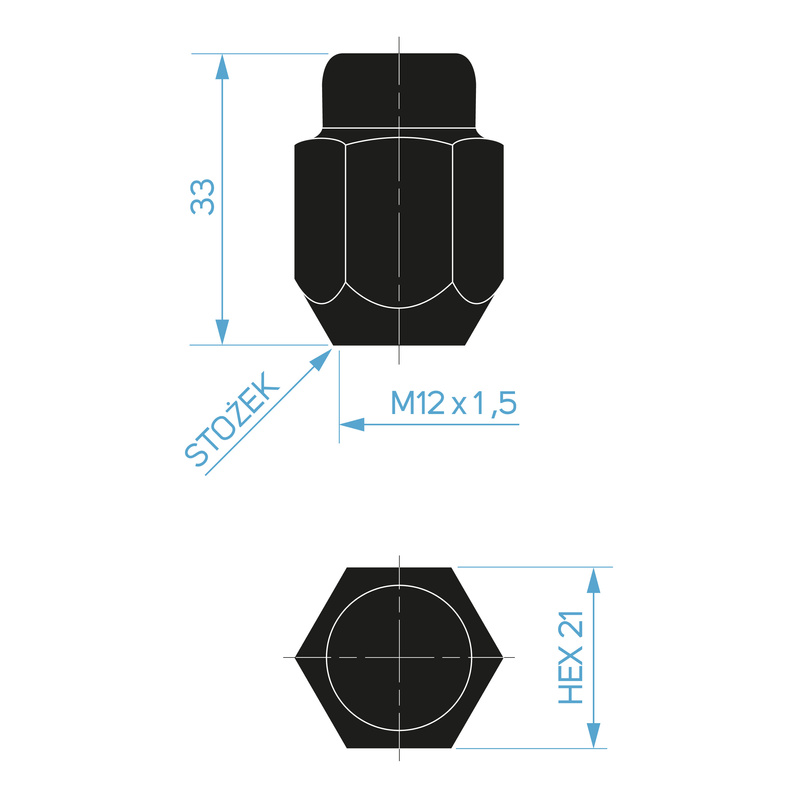 Schwarze Aluminium-Radmutter, Kia-Typ – M12x1,5 / Geschlossen ohne Flansch, Schlüsselweite 21 – Carbonado