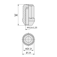 Nuts for aluminum rims, wheels - M12x1.25 / Zinc key 21 - (closed) - Carbonado
