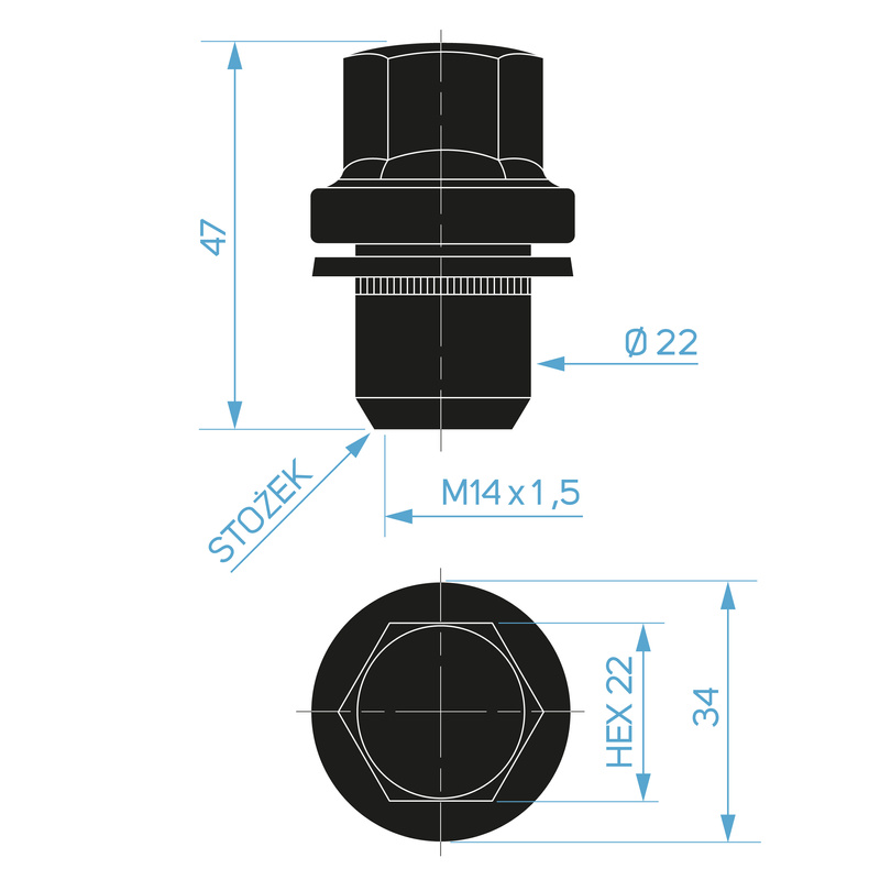 Black Aluminium Wheel Nuts, Land Rover Type – M14x1.5 / Floating Washer, Key Size 22 – Carbonado