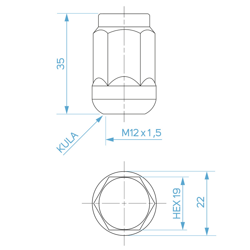 Muttern für Aluminiumräder – M12x1,5 / Kugelsitz, verzinkt, geschlossen, Schlüsselweite 19 – Carbonado